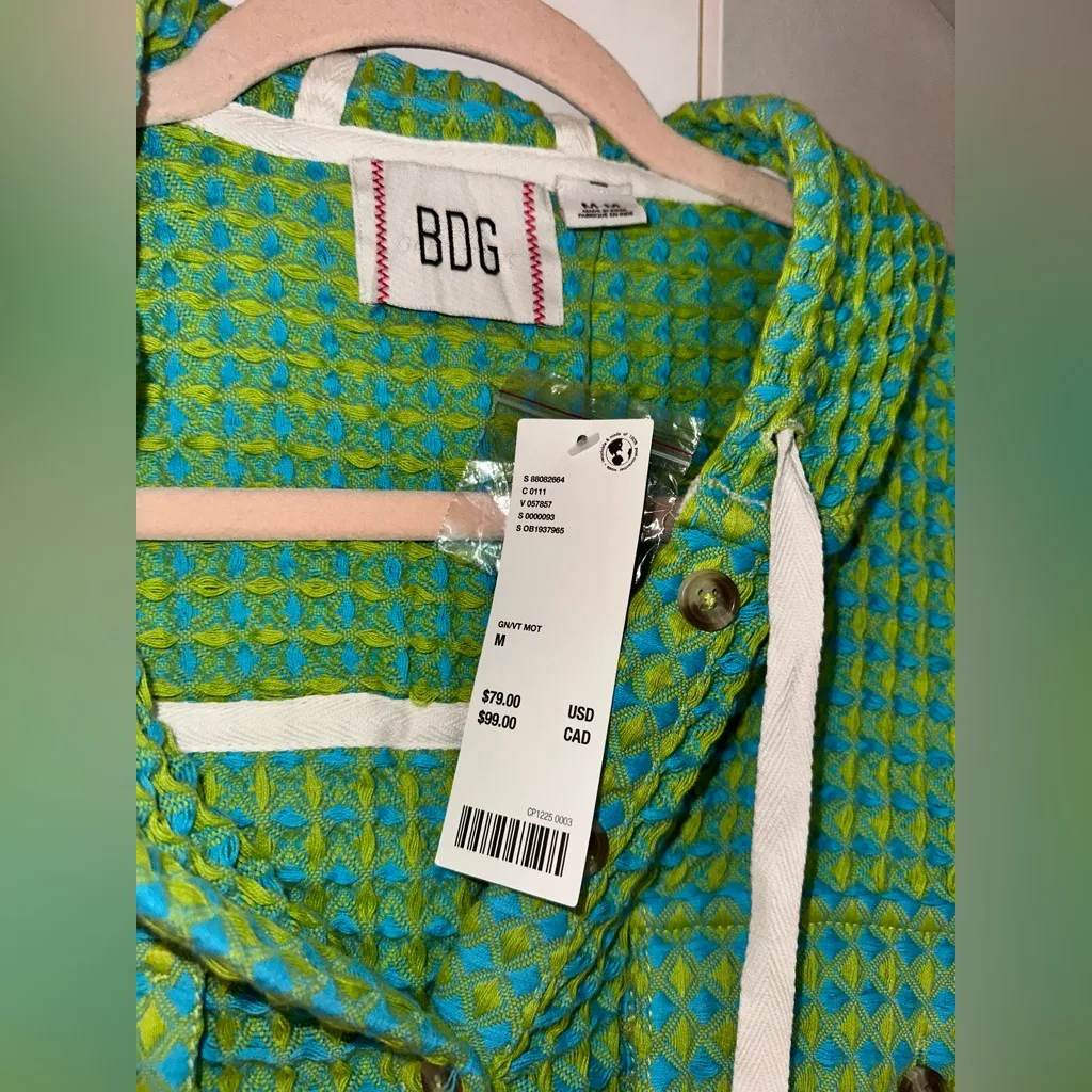 NWT BDG Urban Outfitters Baja Stanley Waffle Hooded Top In Green Multi - Image 7