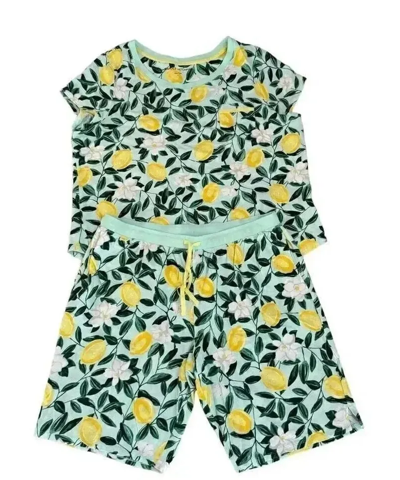CAROLE HOCHMAN Lemons Matching Set Cotton Short Sleeves Top and Short Pants SZ L Green Size L - Image 1