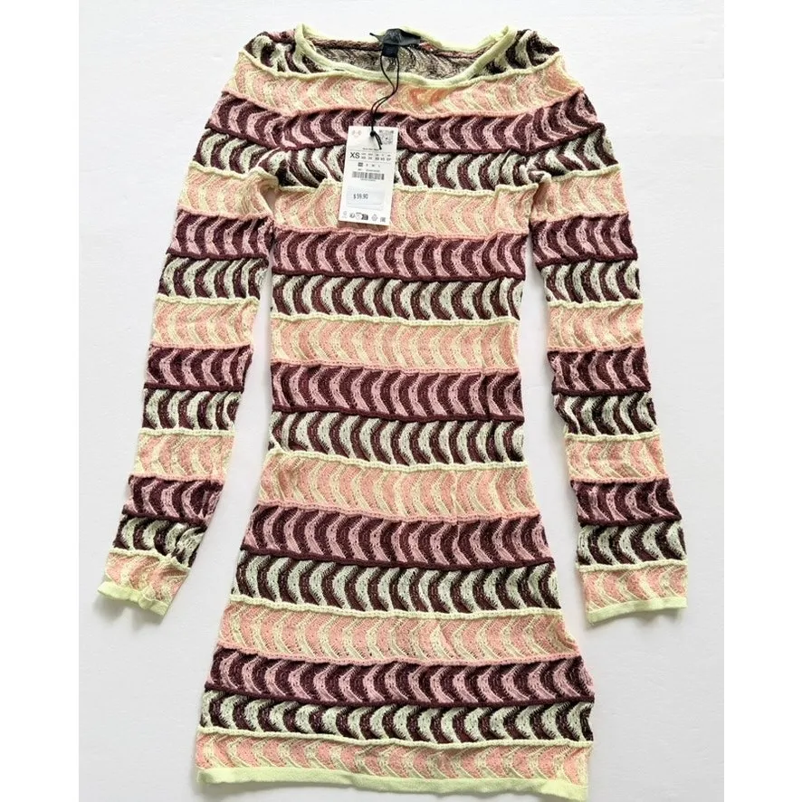 Zara Knit Crochet Mini Dress Stripe Yellow Orange Size XS NEW Summer Beach - Image 2