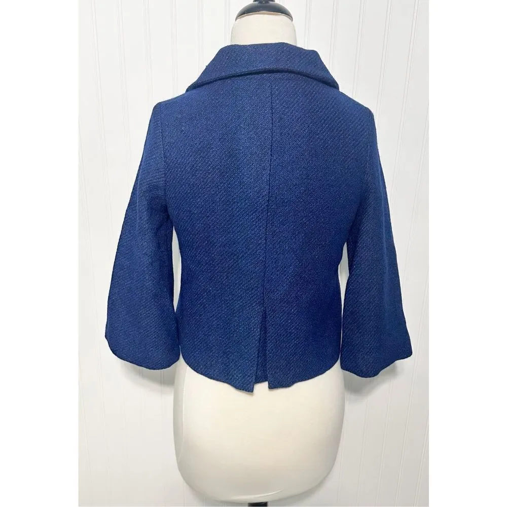 Solemio Womens Button Up Blazer Jacket Collared‎ Cropped Blue Viscose Wool Small - Image 5