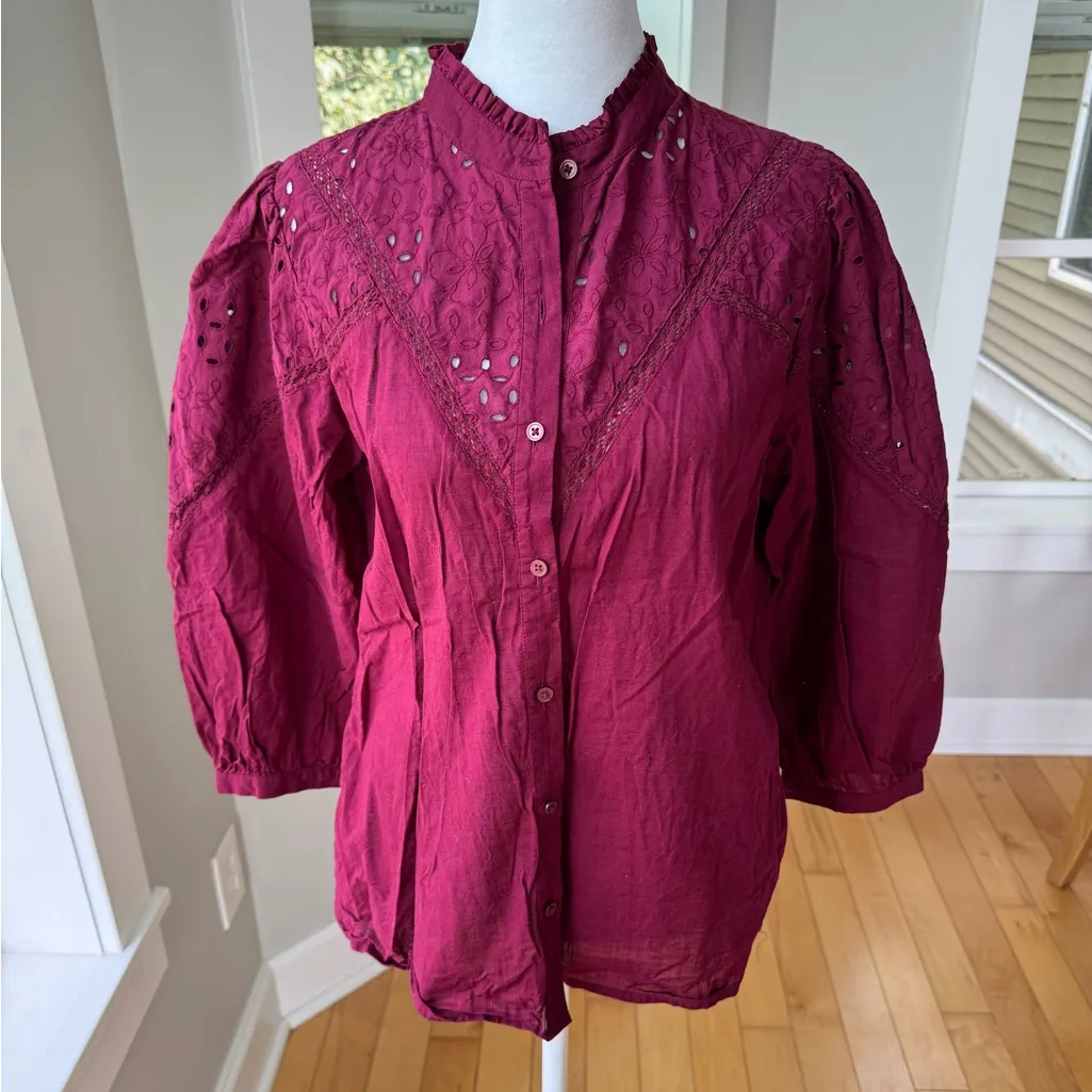 LOFT Burgundy Wine Red Cutwork Cotton Blouson Sleeve Button Up Blouse Sz Small - Image 11