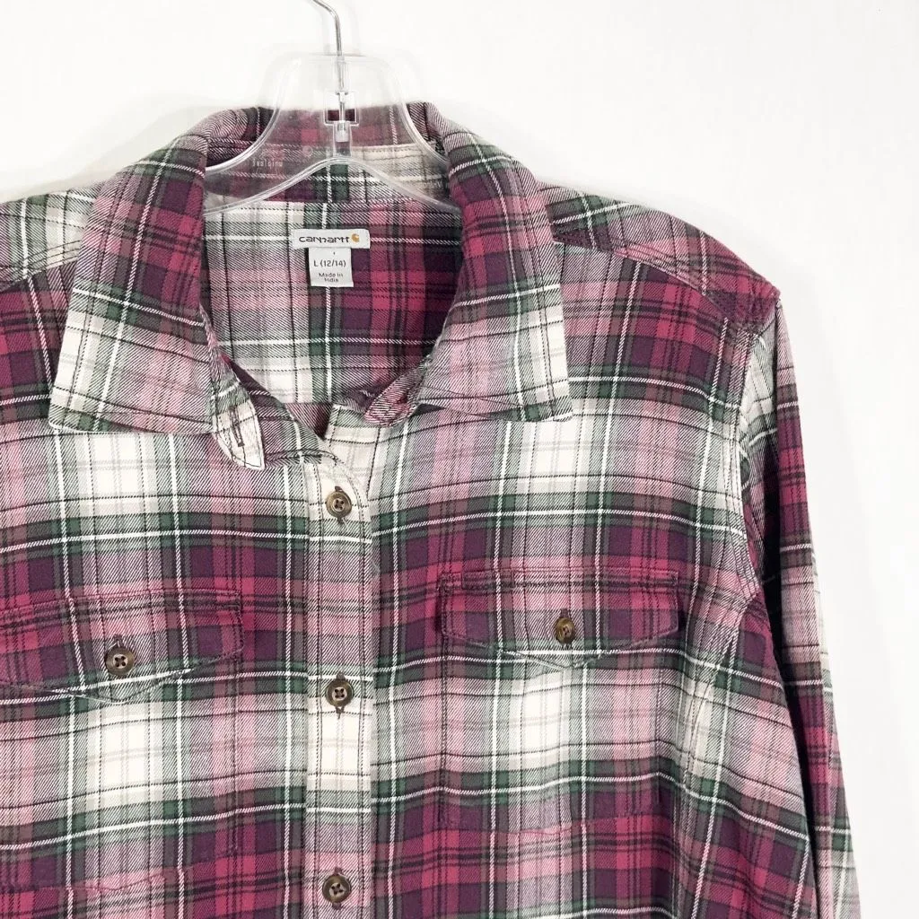 Carhartt‎ Large 12 14 Top Flannel Button Down Shirt Red Green White Cotton 1347 - Image 4