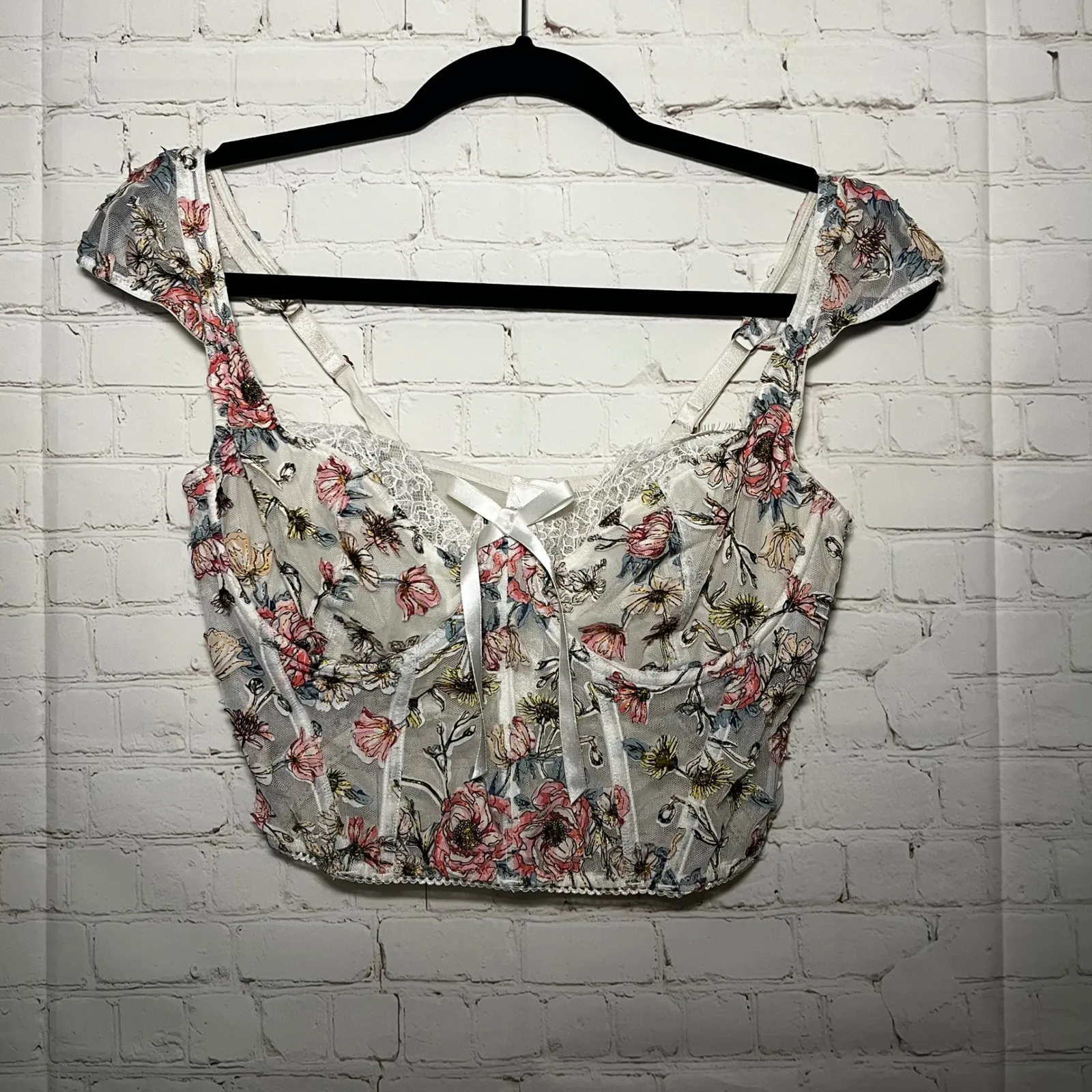 Victoria's Secret Floral Corset Bralette White Lace Sheer Mesh Cap Sleeve 36DD - Image 2