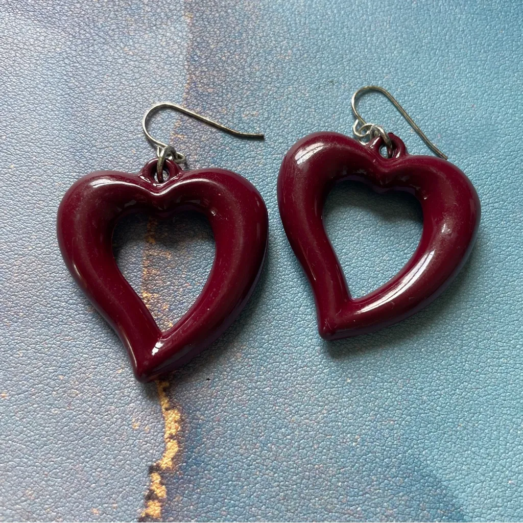 Retro Heart Shaped Earrings Burgundy‎ Red Mod Dangle Y2K 90s Vintage Jewelry Purple - Image 6