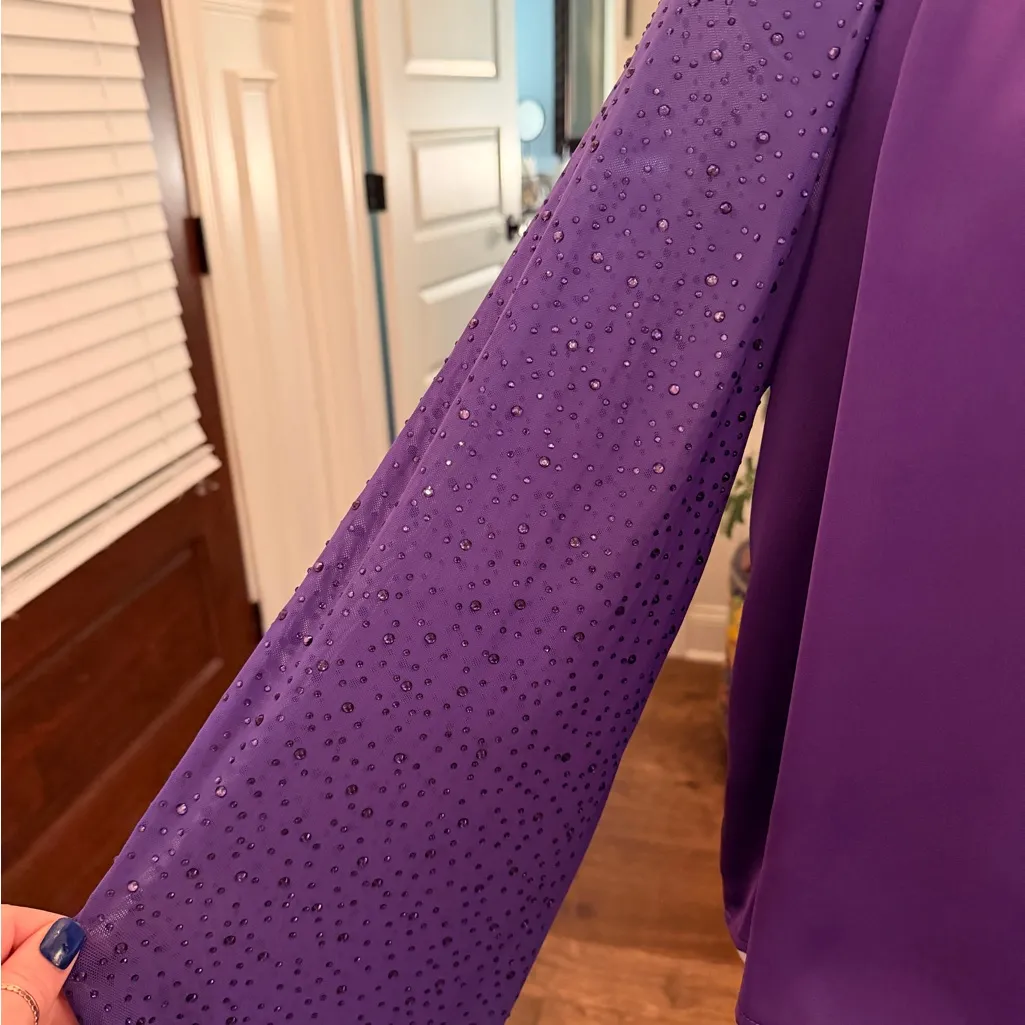 Strut & Bolt NWT Purple Crystal Embellished Semi Sheer Sleeves & Tie Neck Back - Image 5
