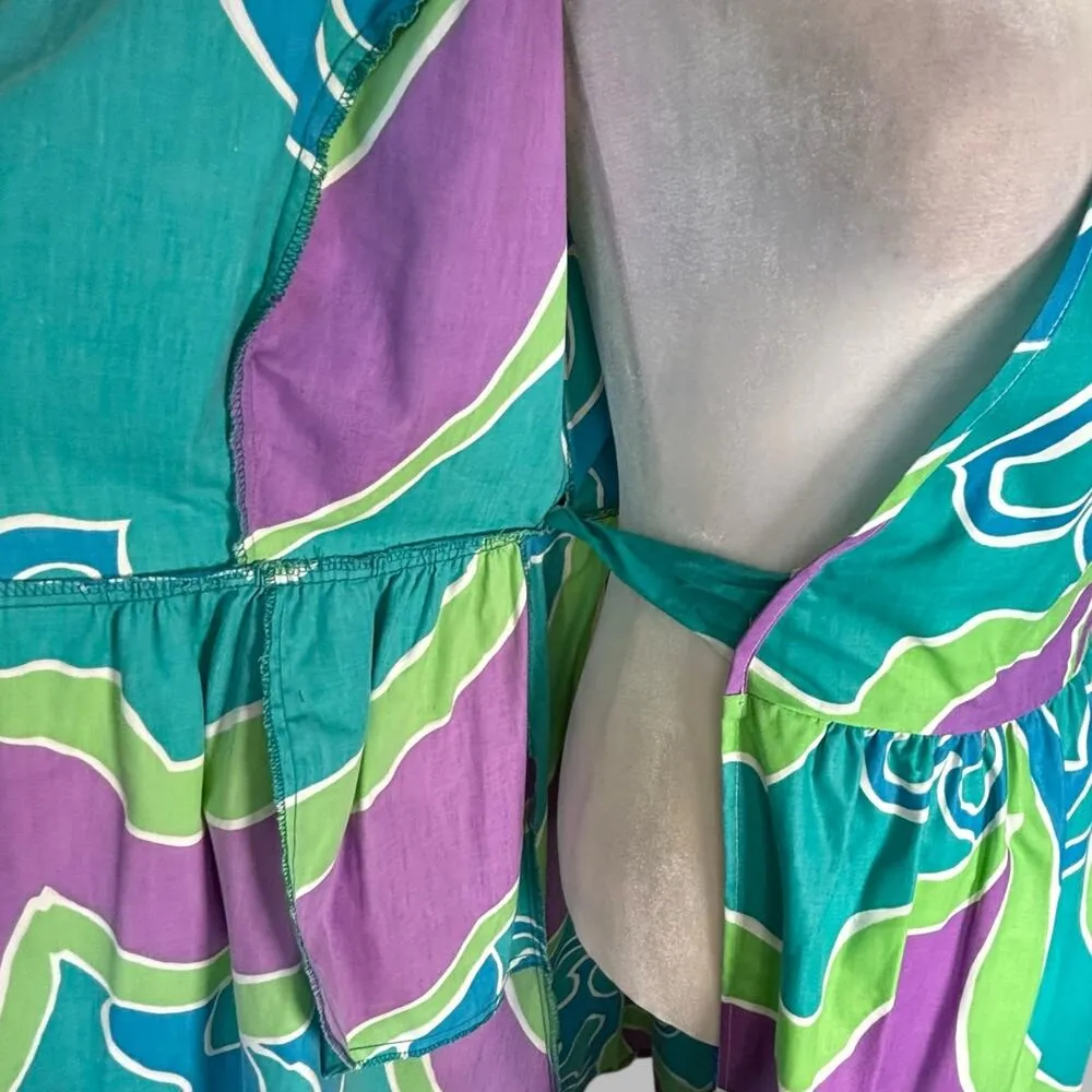 Vintage 70s Wrap Dress Bold Abstract Art Print Blue Purple Sleeveless V neck - Image 8