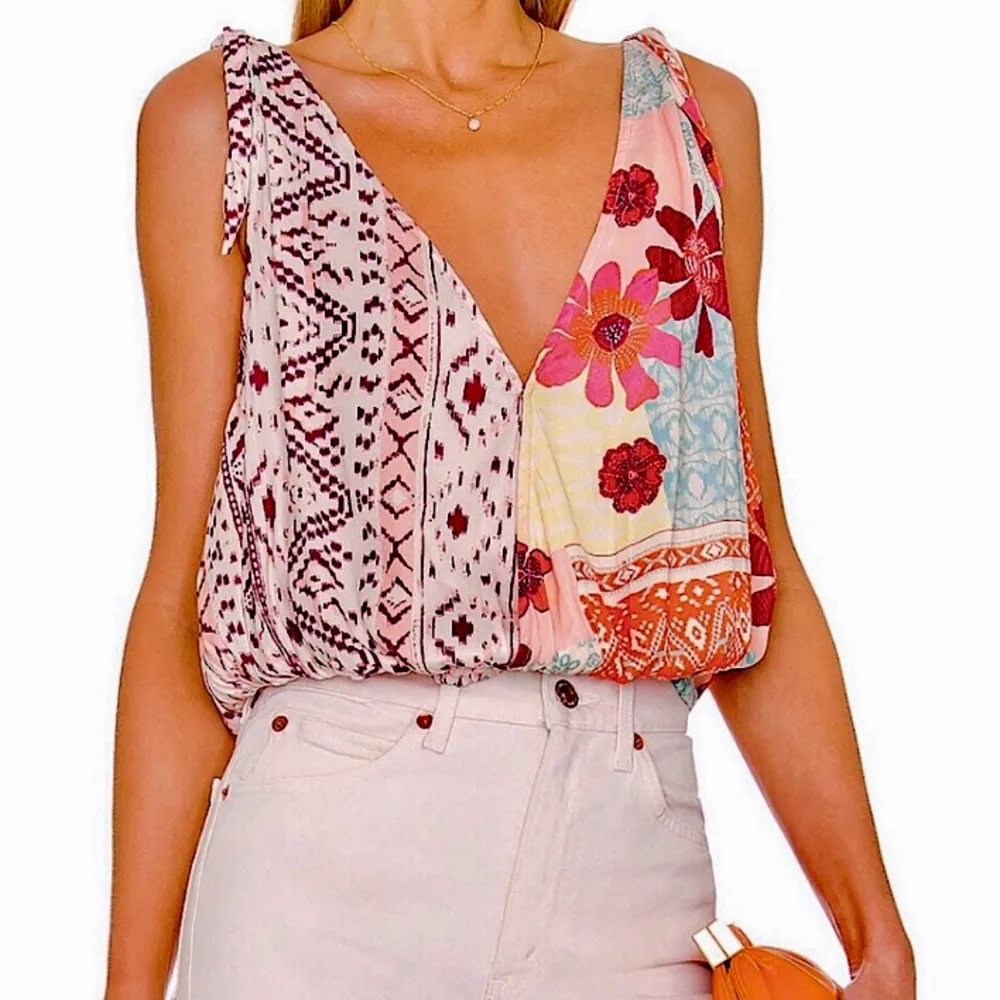 FREE PEOPLE Tropical Floral Surplice Sleeveless Top w Adjustable Shoulder Ties - Image 10