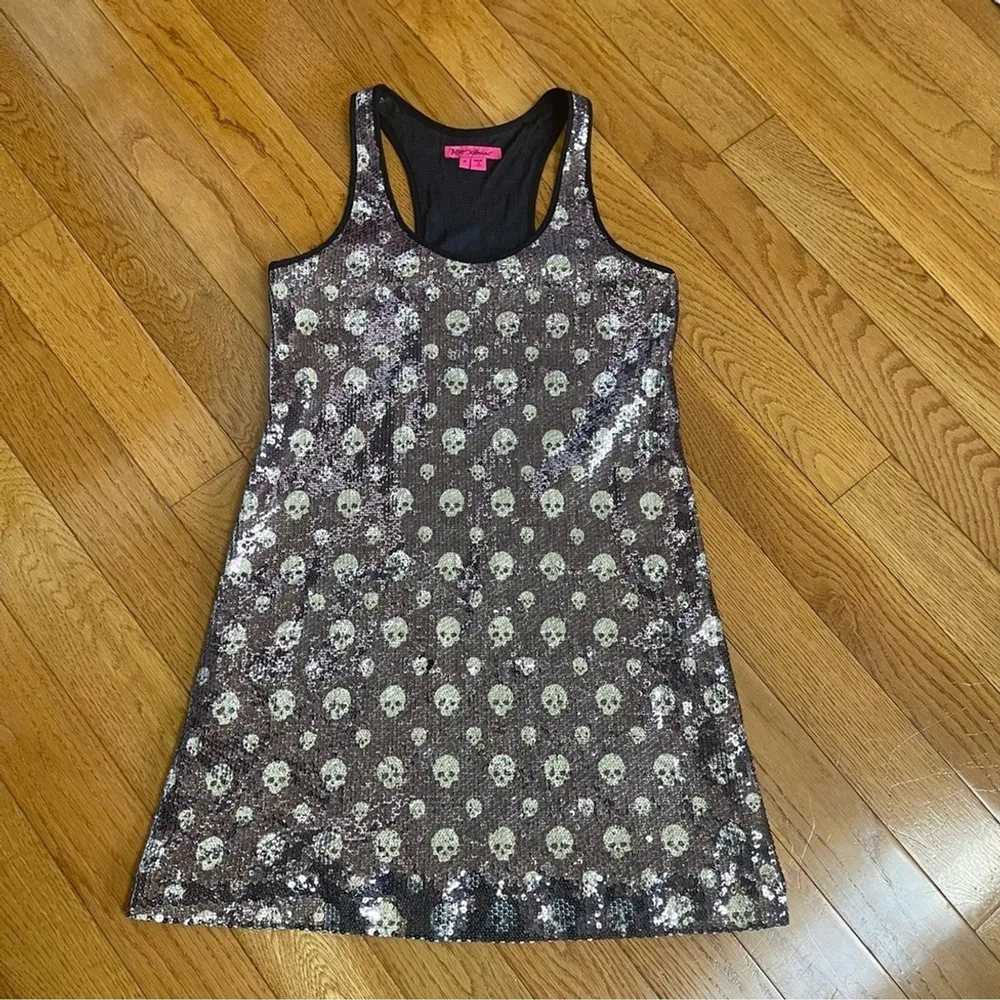 Betsey Johnson Skull Sequin Tank Dress Raceback Sz M Shiny Mini RARE grunge - Image 11