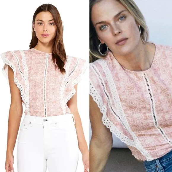 Misa Los Angeles Nilu Eyelet Lace Linen Top in Washed Tile Dusty Rose Small NWT - Image 2