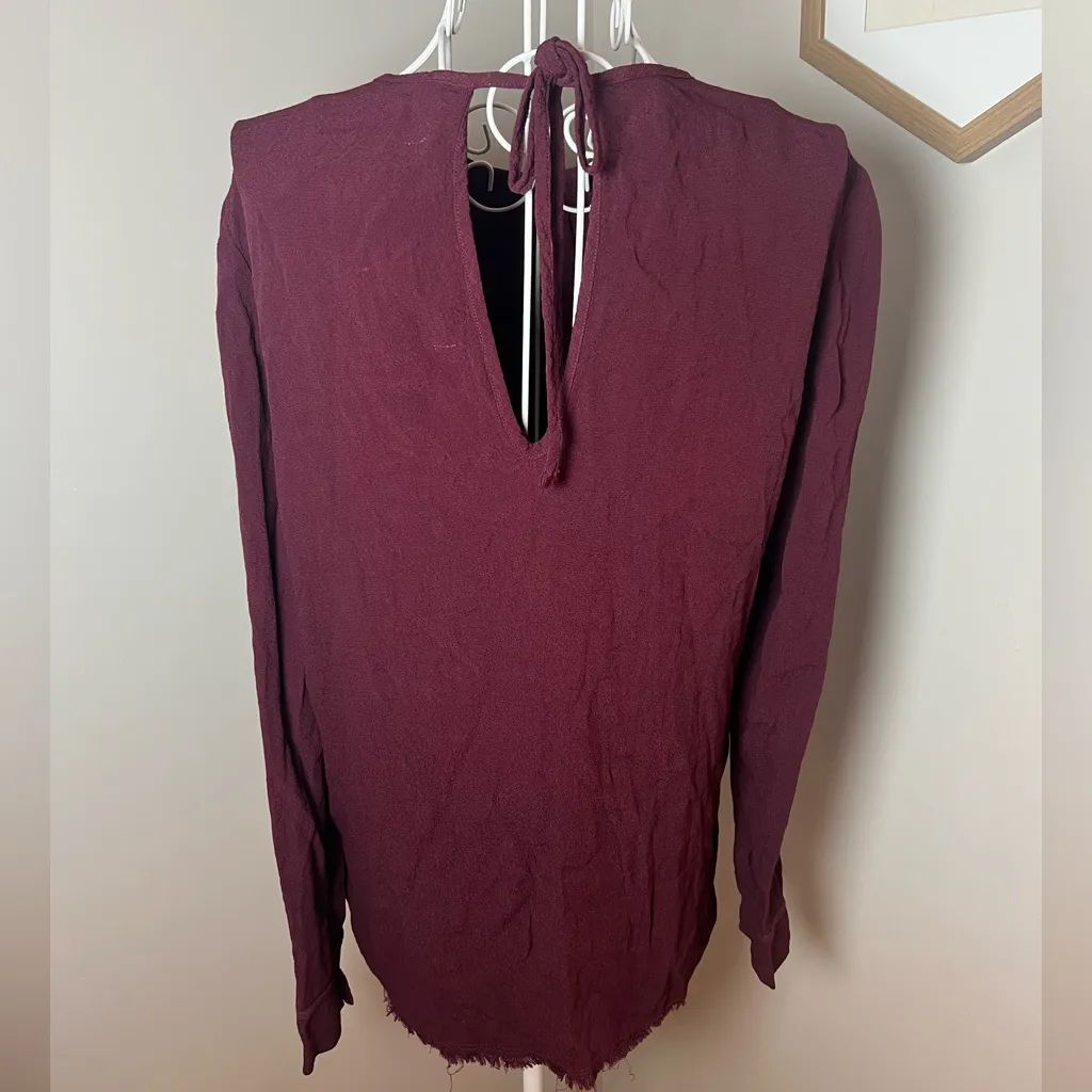 Raquel Allegra Women's 0 Burgundy Long Sleeve Blouse High Gathered Neck Fray Hem Red - Image 2