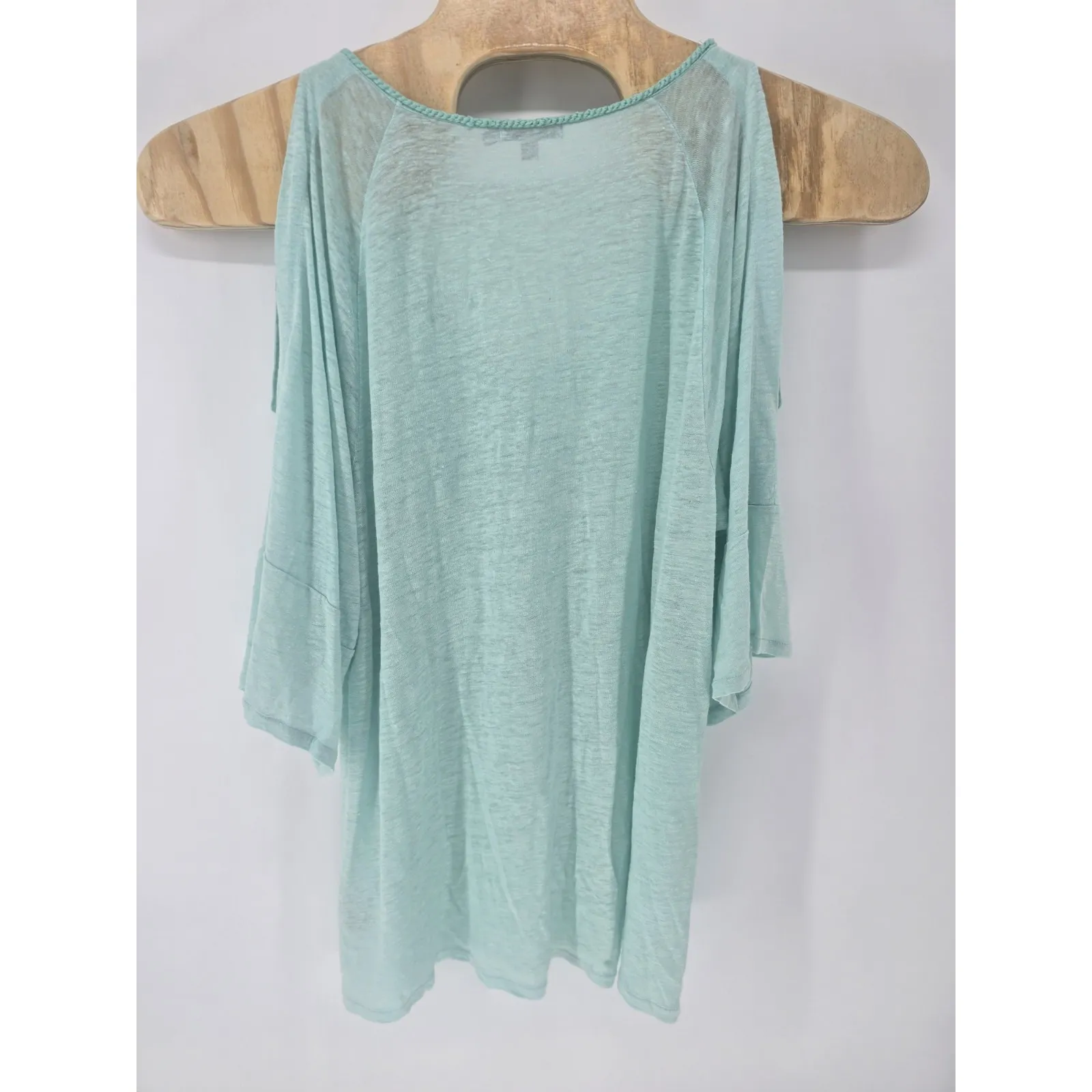 Calypso St Barth Womens Medium Aqua Blue Cold Shoulder Tassel V Neck Top Linen - Image 4