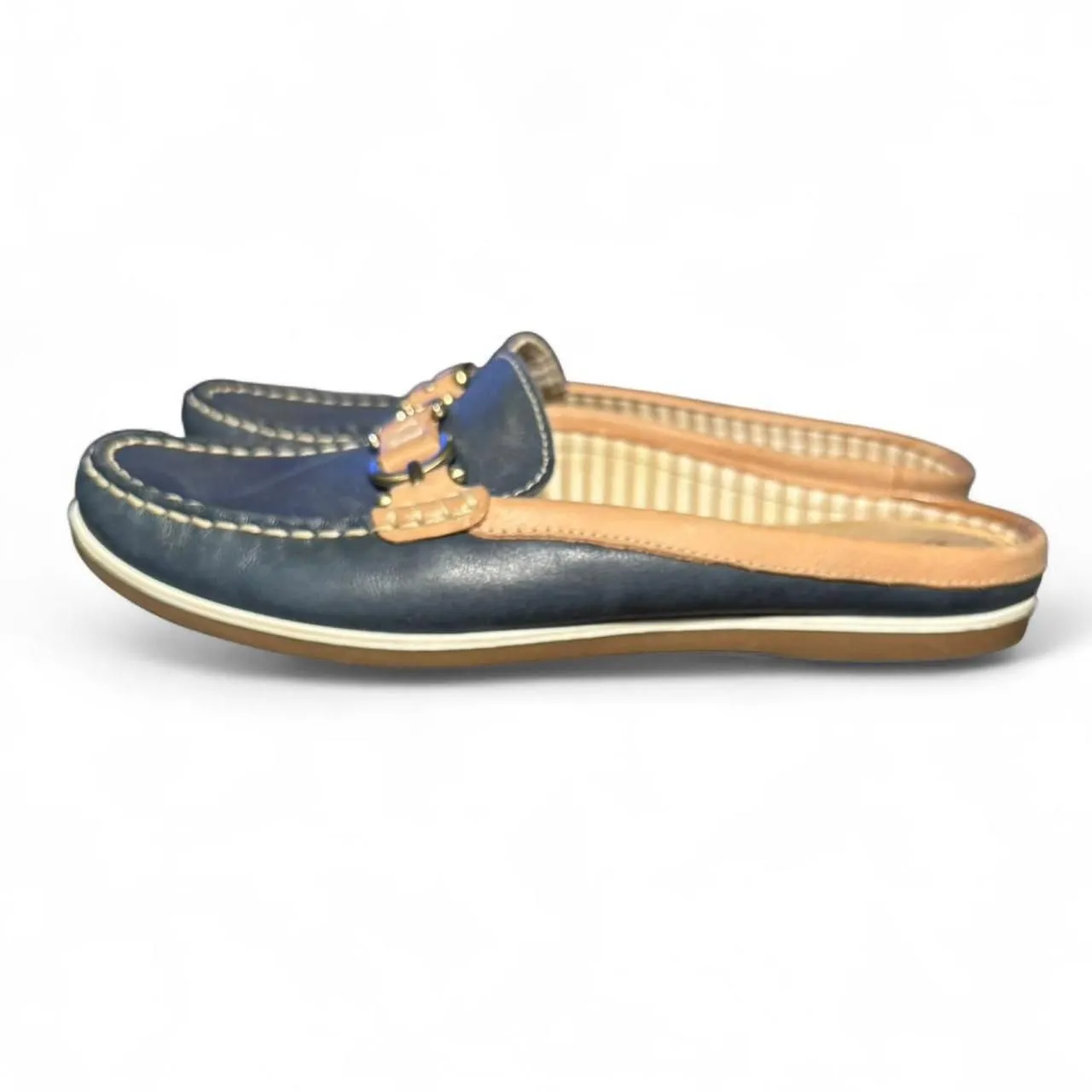 Naturalizer Hutton Leather Mule Loafers Navy Tan Size 8.5N Slip-On Comfort Shoes - Image 5