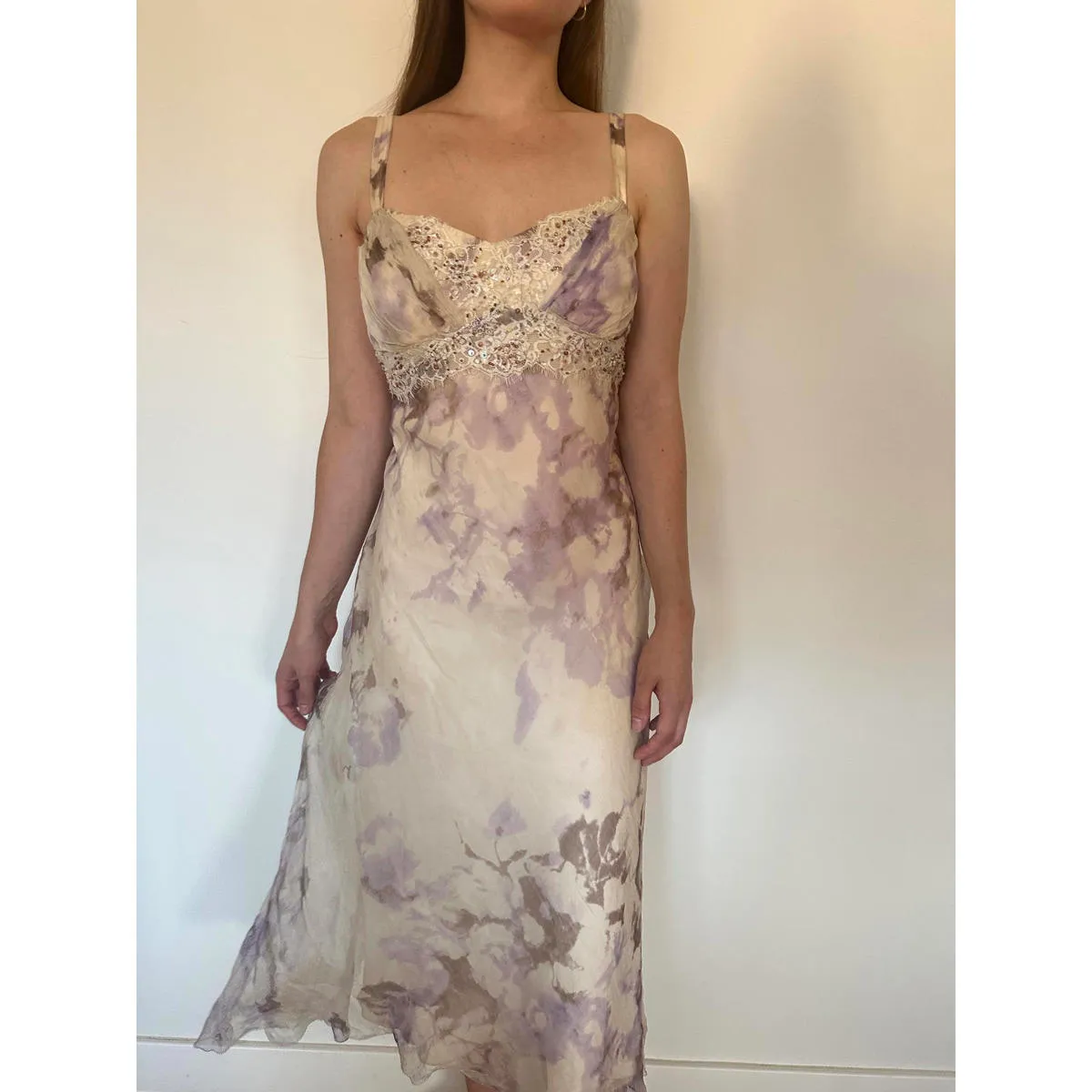 Gina Bacconi White Lilac Lace Watercolor Formal Dress Purple Size M - Image 4