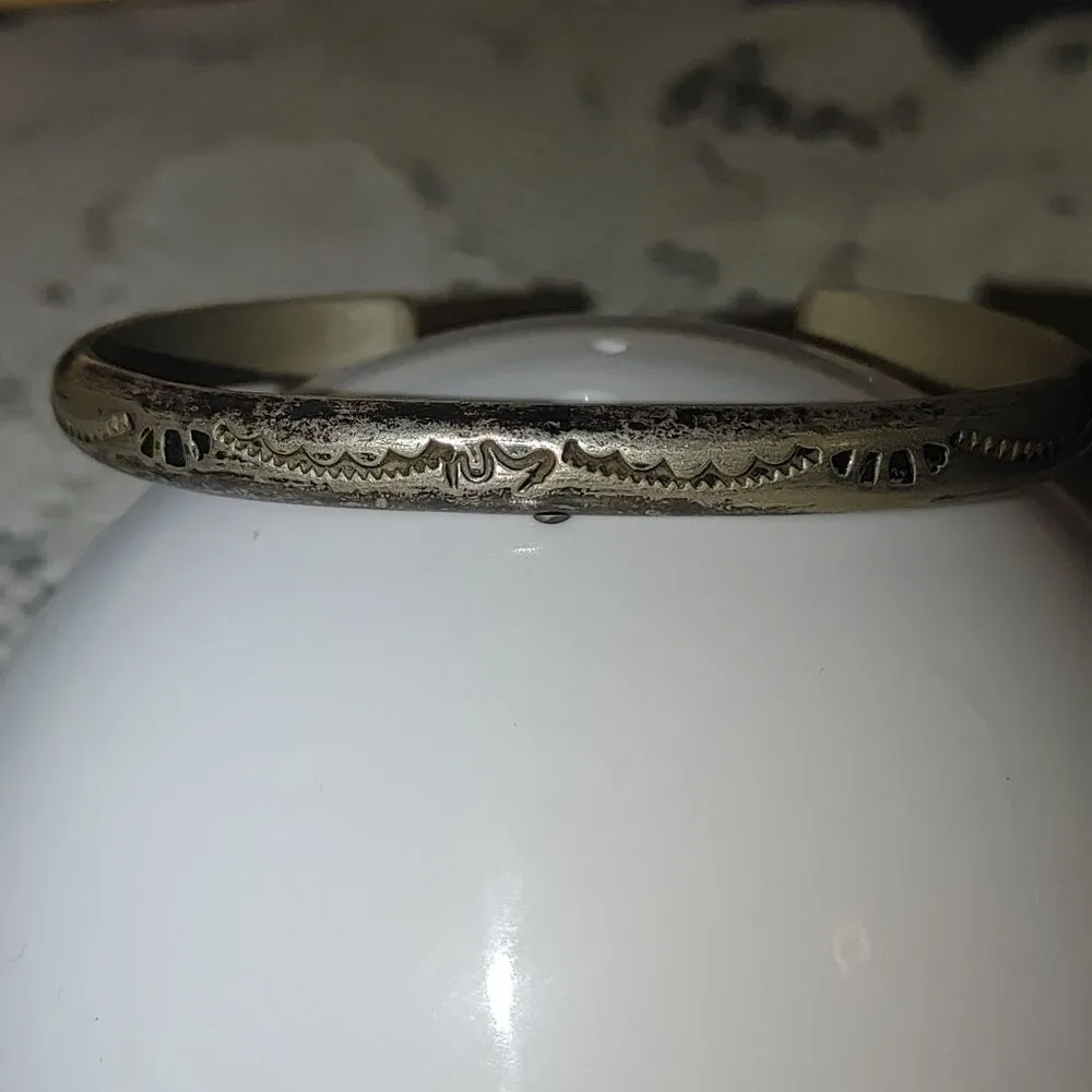 Antique Sterling Silver Native Cuff Bracelet Detailed Etched Patterns Stamped - Image 2