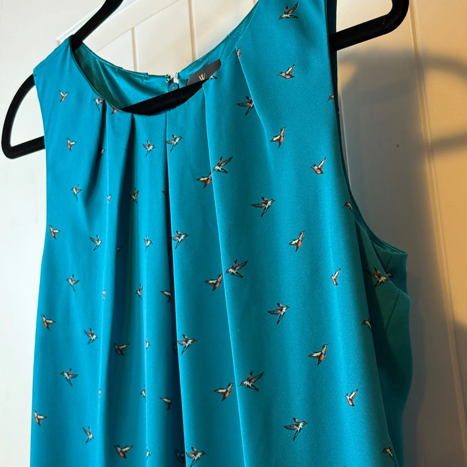 Worthington Teal Bird Print Pleated Neck‎ Sleeveless Knee Length Dress Size 10 # - Image 4