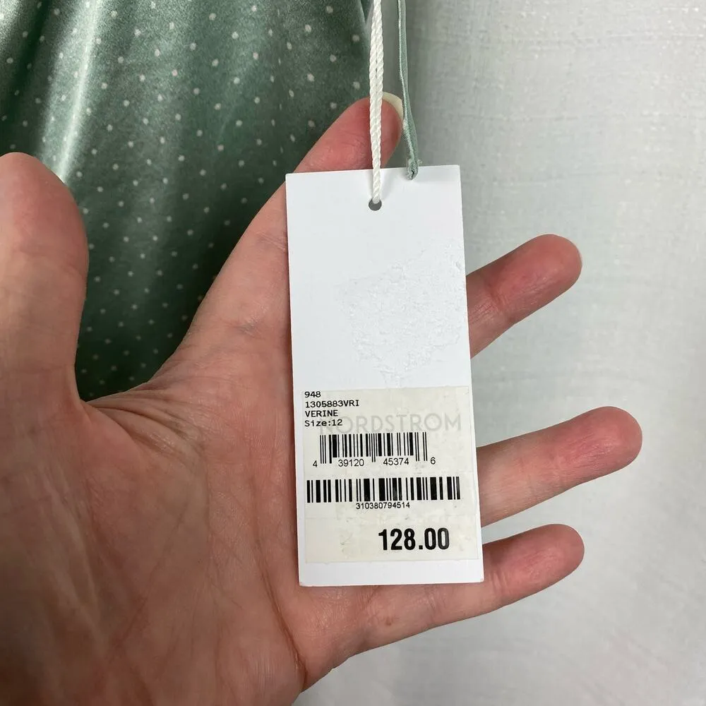 Reformation Lucrezia Teal Green Smocked Polka Dot Silk Charmeuse Top Sz.12 NWT - Image 10