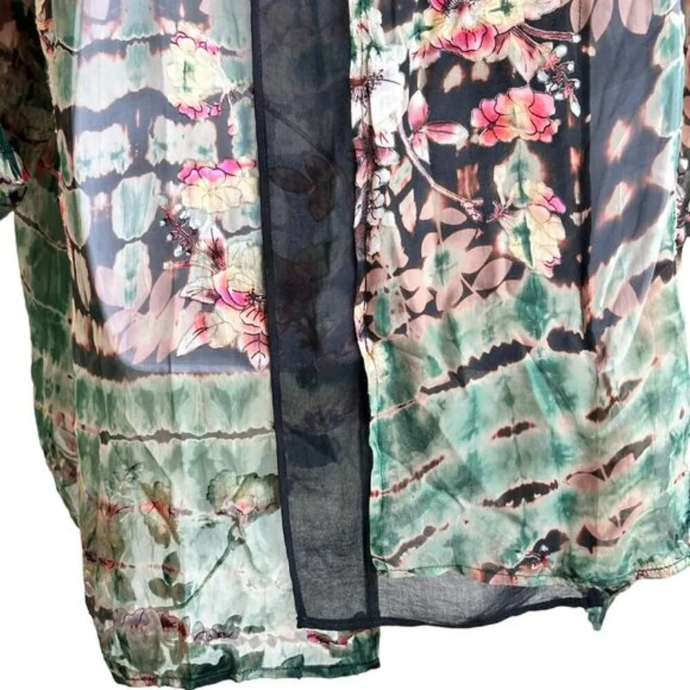 CITRON Santa Monica‎ tie dye floral embossed logenlook open front cardigan 1X Green - Image 9