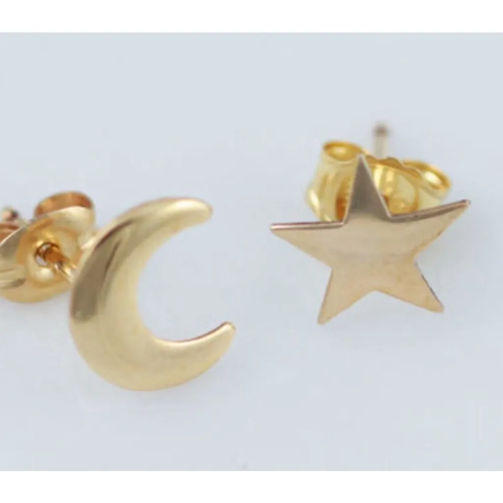 NEW Unisex Asymmetric Gold‎ Plated S925 Moon and Star Stud Earrings - Image 15