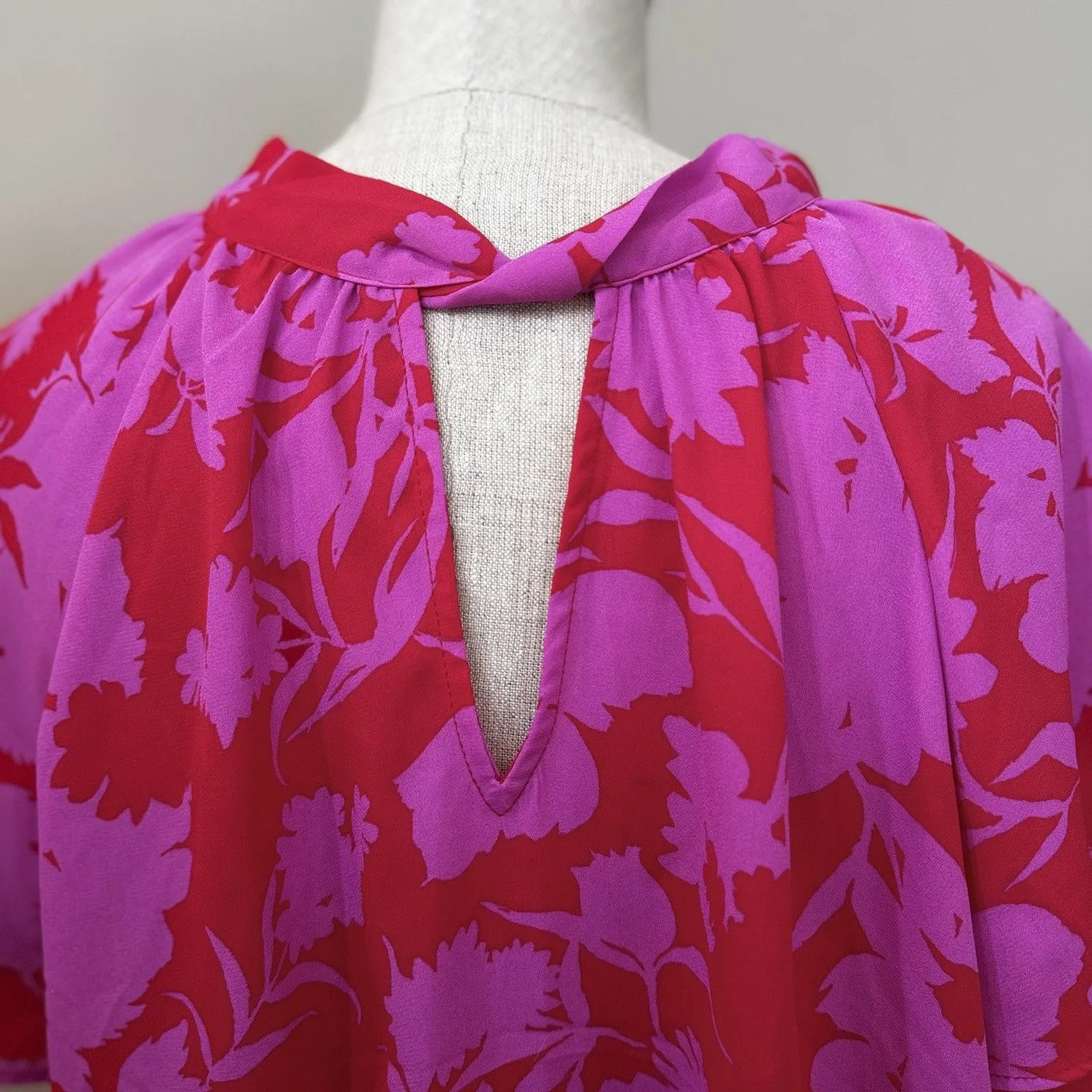 Pleione Women's Floral Blouse Tie Back Flutter Pink XL EUC Retro Spring Resort - Image 9