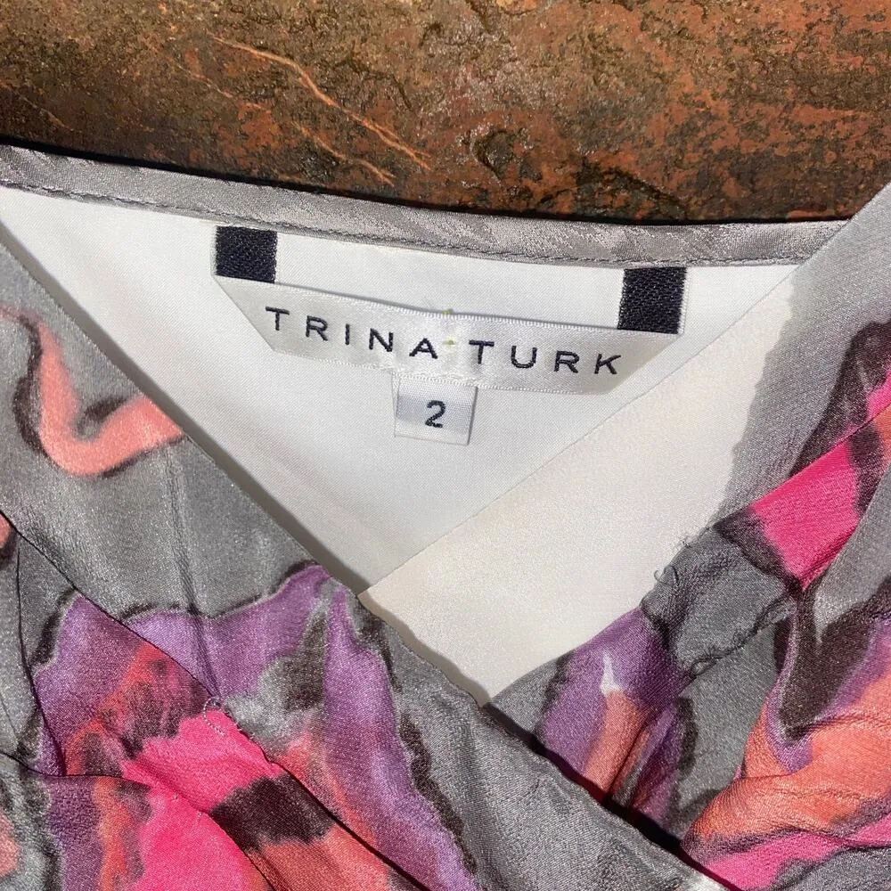 Trina Turk Silk V-Neck Abstract Sleeveless Slip Midi Dress Women's Size 2 - Image 5