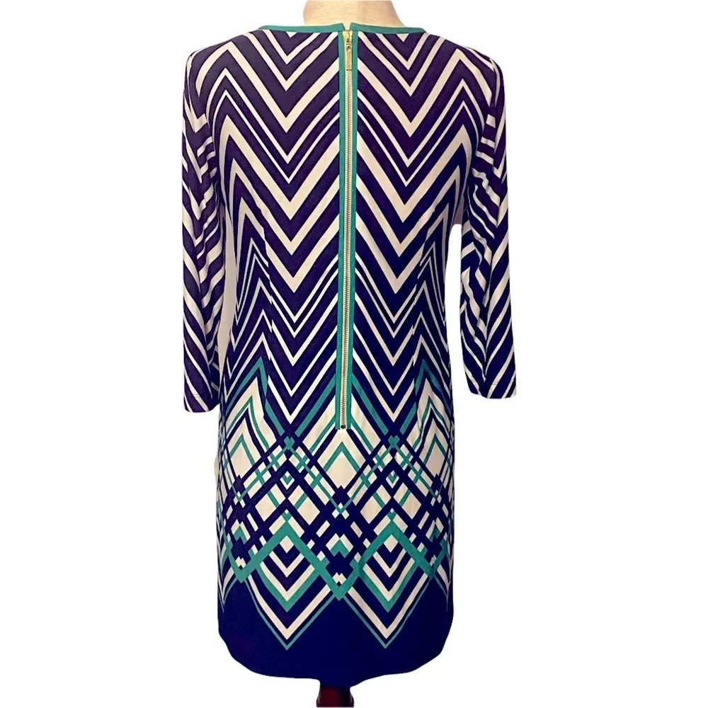 Eliza‎ J Navy Green White Zig Zag Dress Zipper Back NWT Size 2P EJ6P0282 - Image 5