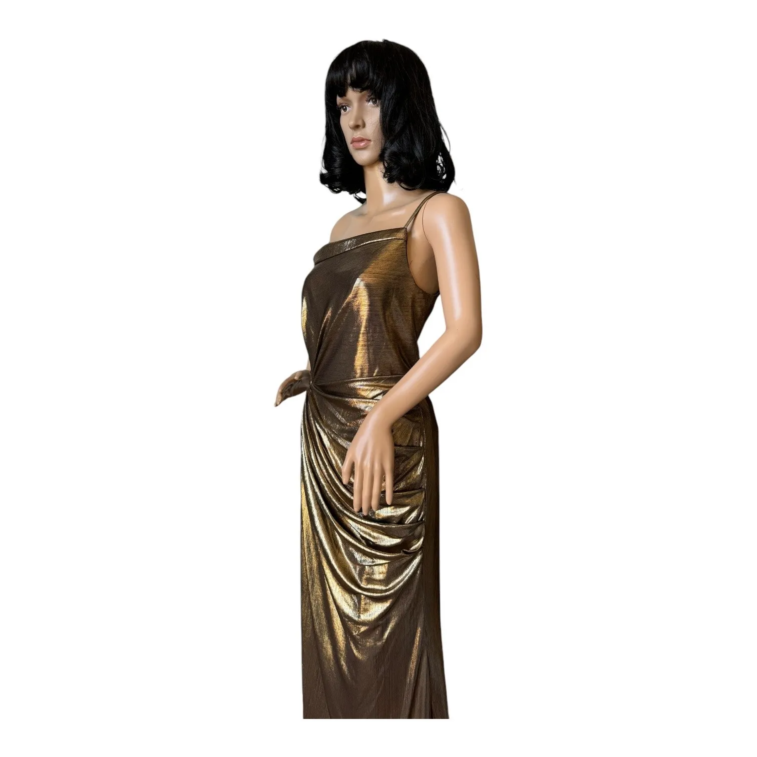 IEENA for Mac Duggal Gold Metallic One-Shoulder Gown style 26728 size 8 - Image 16