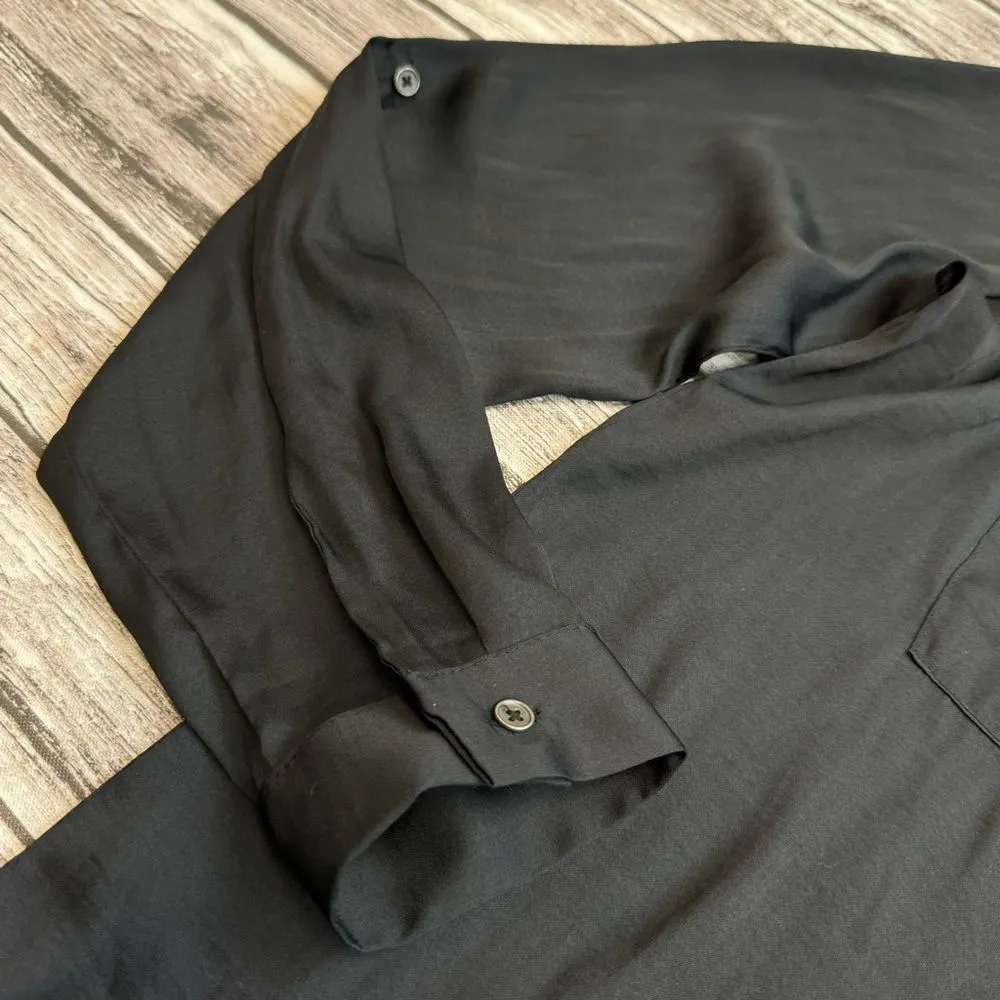 Forever 21 Women's Flowy Satiny Button Up Button Down Blouse L LG Large Black - Image 11