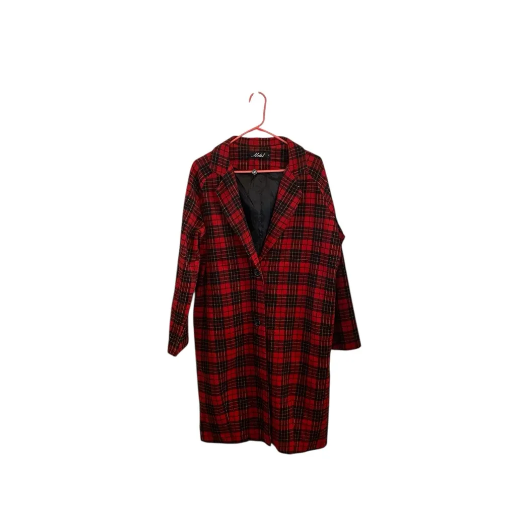 Motel Rocks Red Black Tartan Plaid Wool Coat Holiday Christmas Grunge Cabin core - Image 2