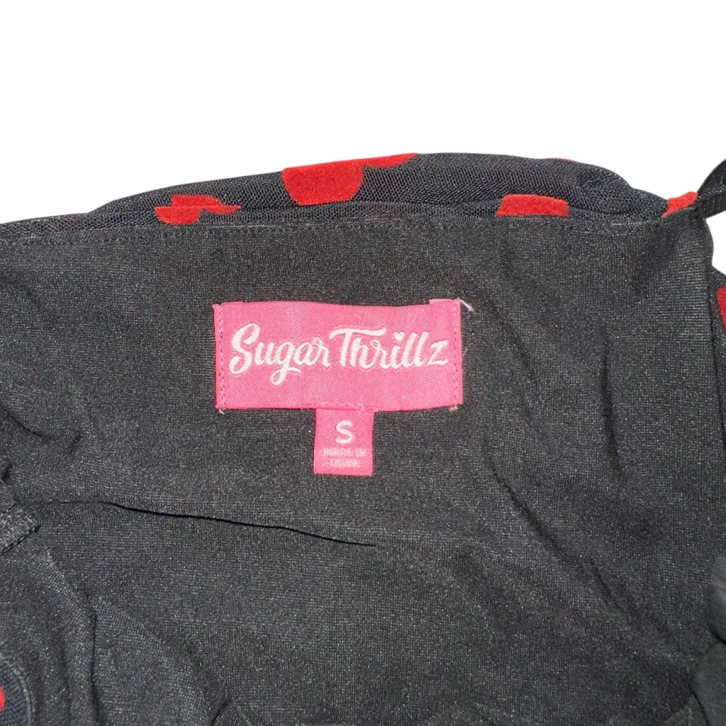 Sugar Thrillz Noir Rise And Fall Velvet Heart Ruched Mesh Mini Dress SMALL Red - Image 4