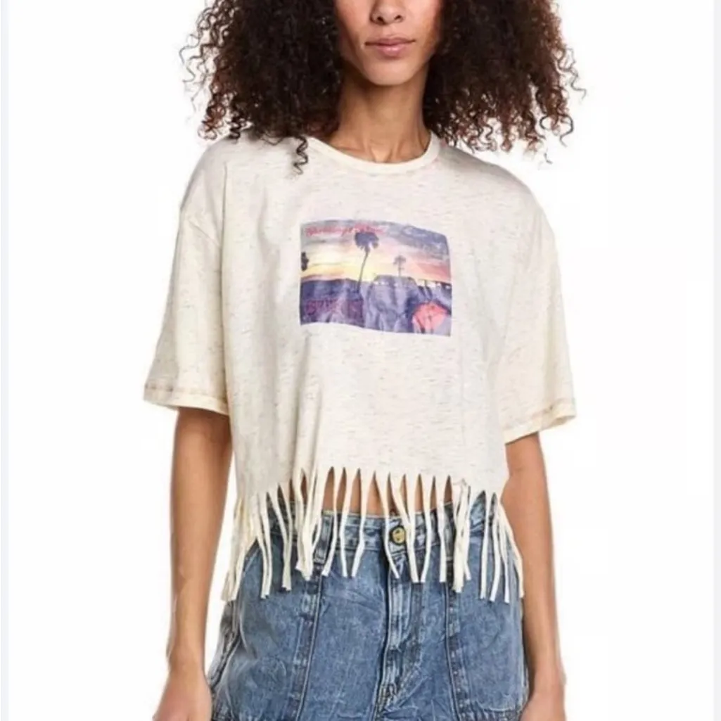 🌟GANNI🌟 CROPPED PHOTO PRINT GRAPHIC FRINGE T-SHIRT TEE IVORY SZ M - Image 2