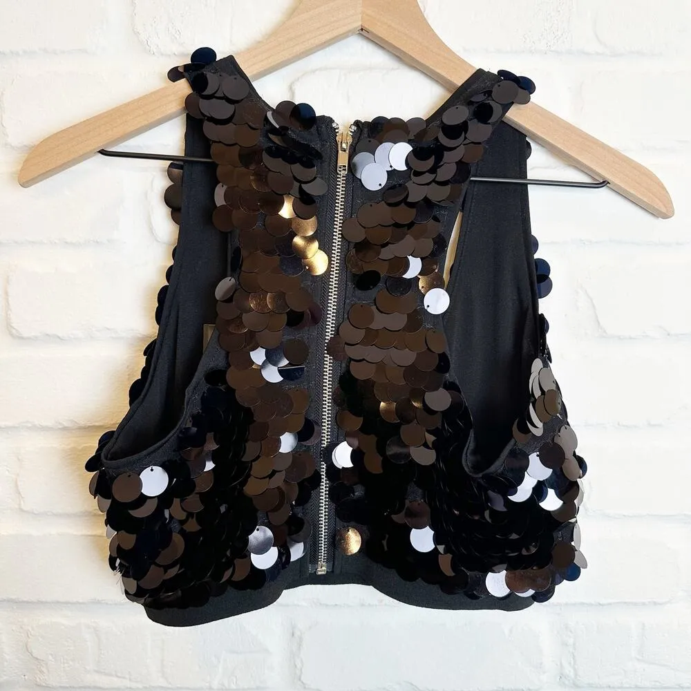ReHab Black Paillette Sequin Crop Top Tank  Back Zipper Size S - Image 2