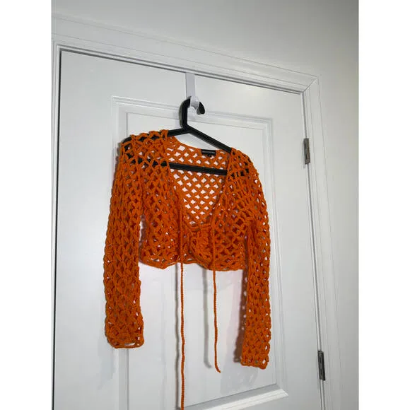 Preloved PrettyLittleThing Orange Crochet‎ Lace-Up Top & Bottom Set (Size S/M) - Image 8