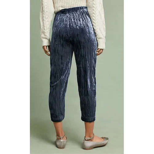 Anthropologie Womens Ett Twa Blue Crushed Velvet High Cropped Pull On Pants sz M - Image 4