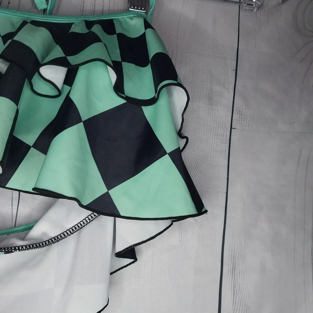 Haikyuu Green and Black Checkered Bikini Set Anime Style Size S - Image 3