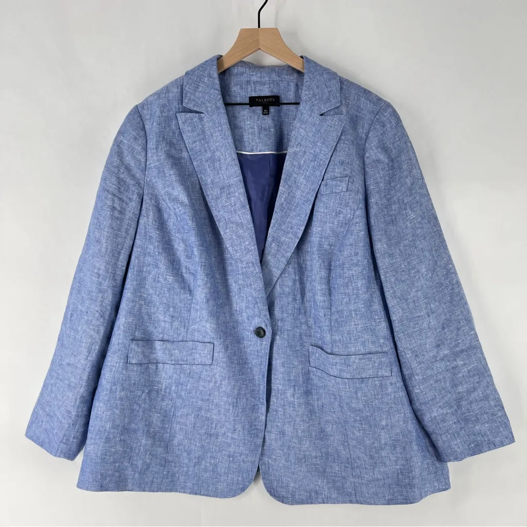 Talbots Plus Size 20W Blue Linen 1 Button Blazer Lightweight Breathable Preppy‎ - Image 2