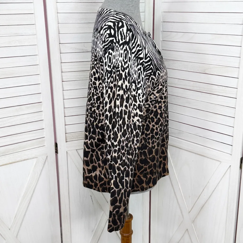 Charter Club Multi Animal Print Button Up Cardigan Sweater Tan Black Medium - Image 3