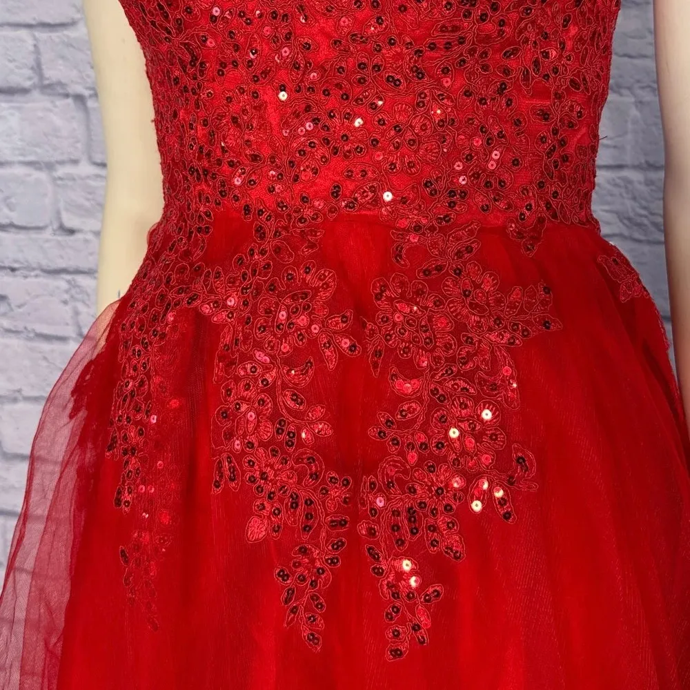 Red V Neck Spaghetti Straps Tulle Beaded Lace Long Evening Prom Dress size small - Image 5