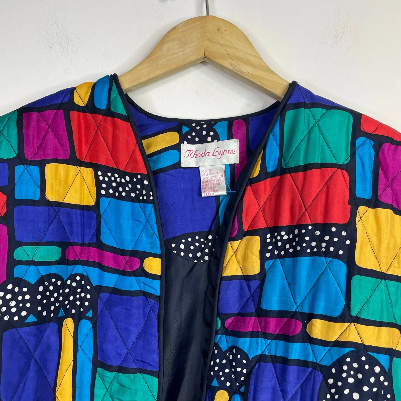 Vintage Rhoda Lynne Quilted Silk Open Jacket 90s Colorful Oversized Womens S Blue - Image 2