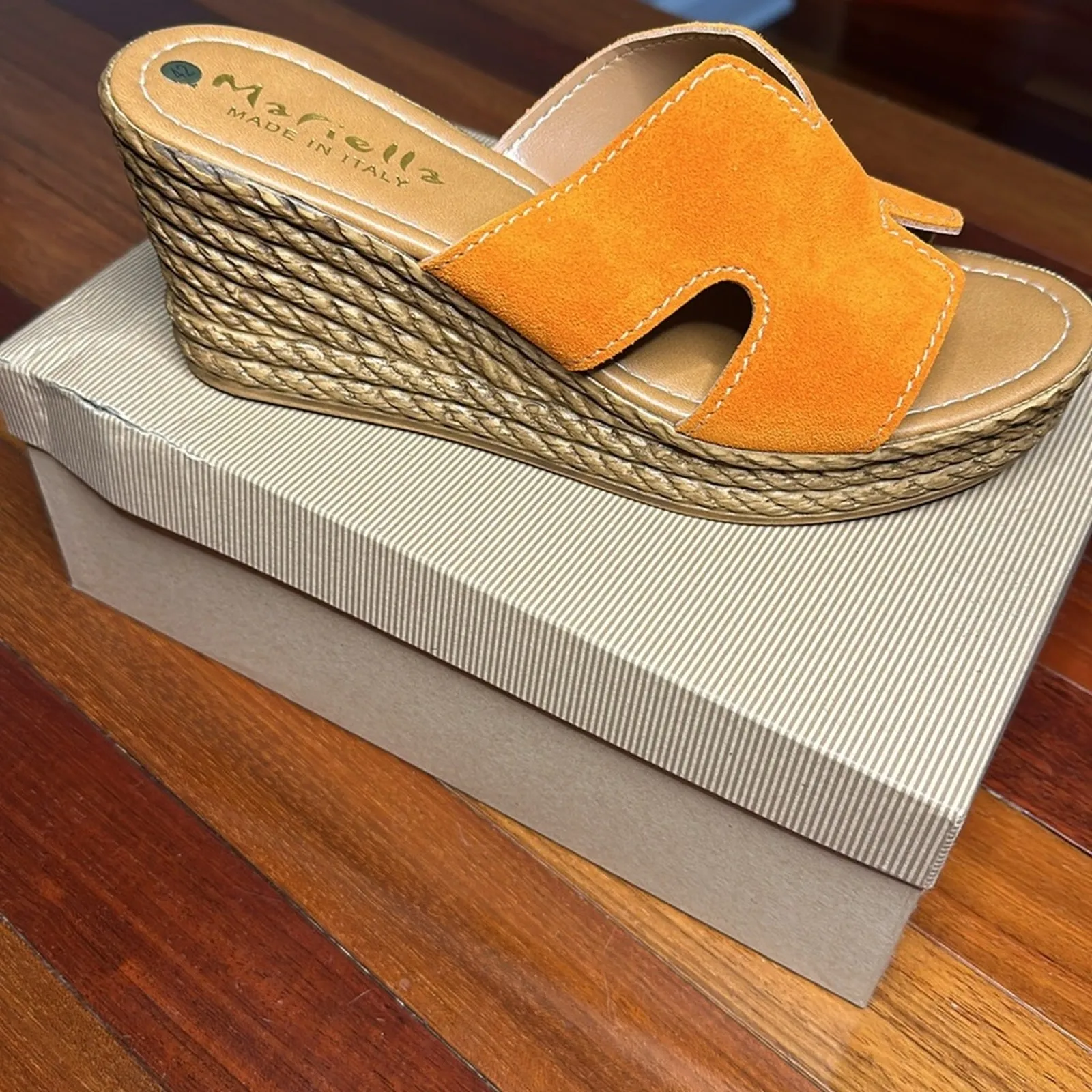 Mariella ORANGE Wedge Shoes Suede H Band Sandals Vacation Italian Size 10 - Image 3