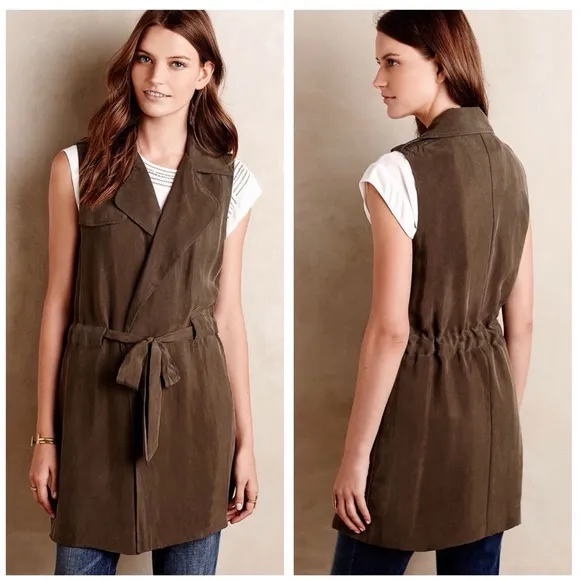 Anthropologie elevenses Draped Trench Vest Olive Brown XS - Image 2