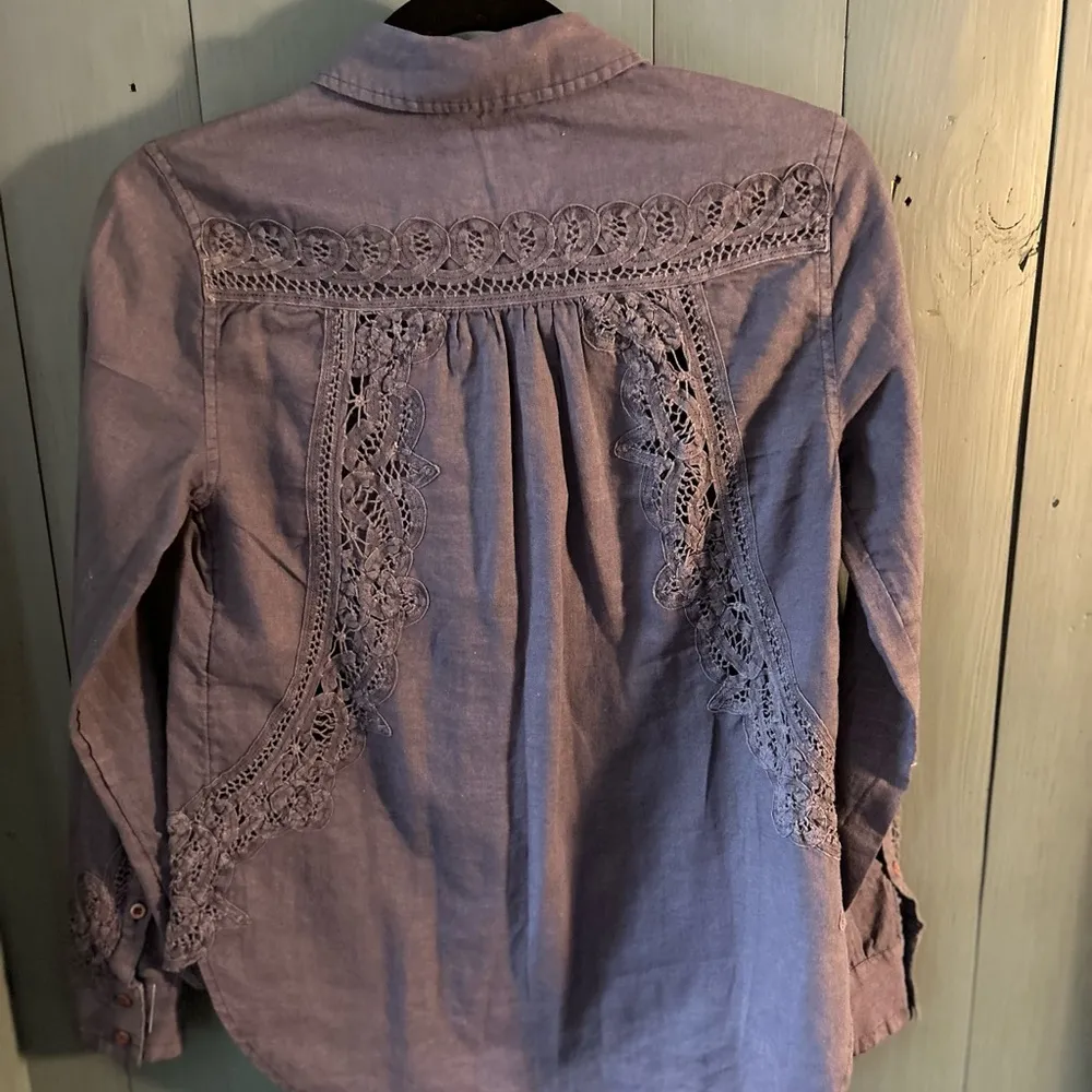 Blue Button-Down Shirt with Lace Detail | Size 0 - Image 5