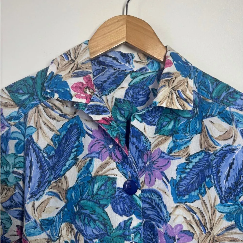 Vintage Camp Shirt Women L Button Up Floral Blue Purple Hawaiian Light Top Vacay Size L - Image 3