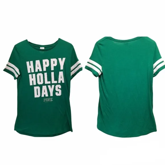 {M} PINK VS Happy Holla Days Christmas Jersey Tee - Image 2
