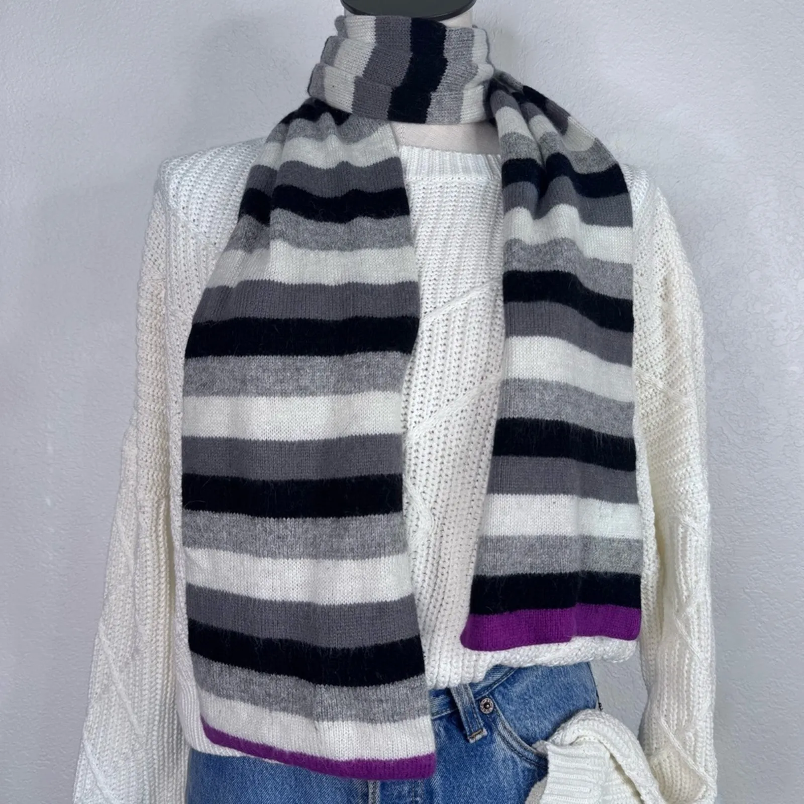 Scarf Rabbit Hair Blend Striped Gray Black White Purple Cozy Winter 61”X 7” - Image 3