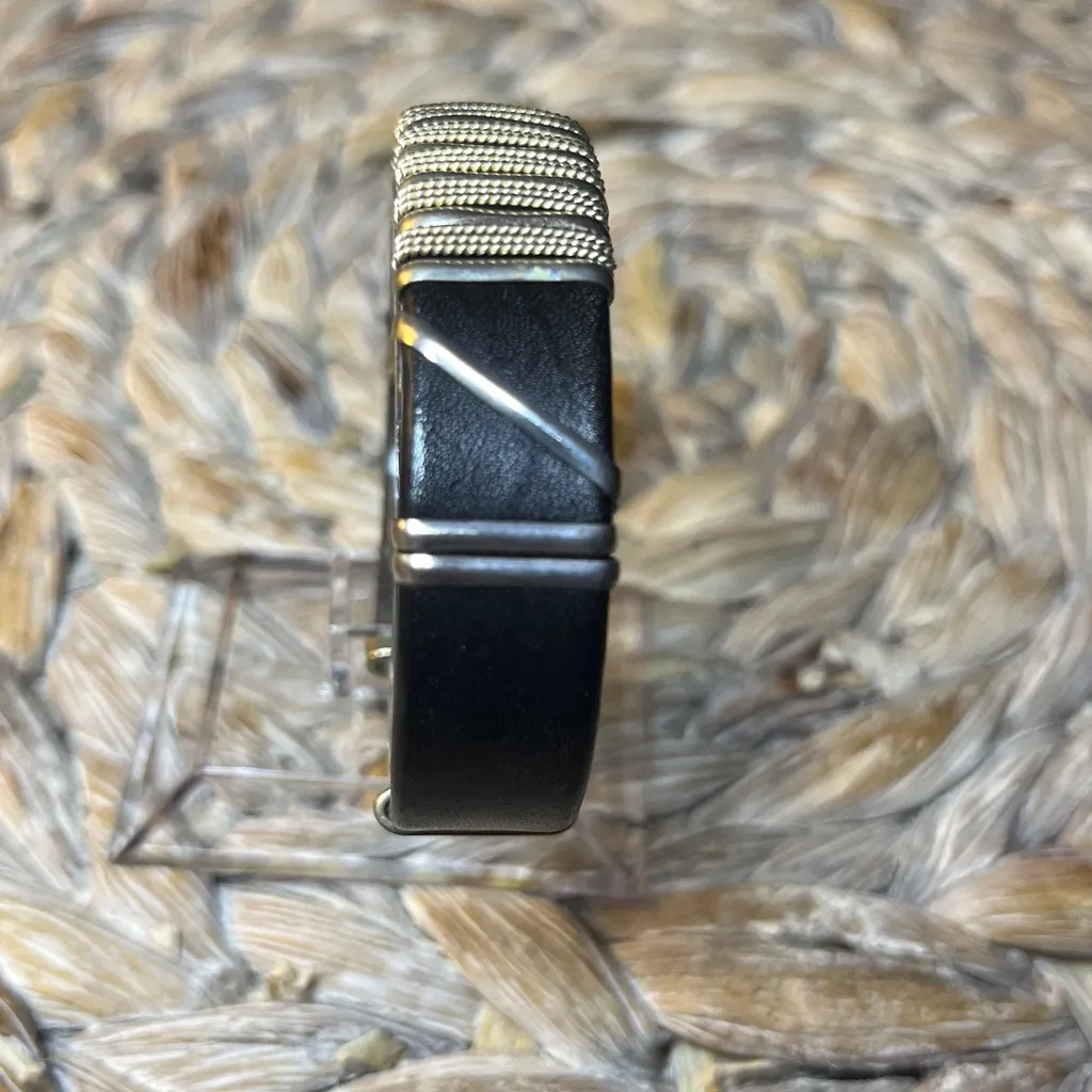 Silver Tone and Black Leather Bracelet - Image 3