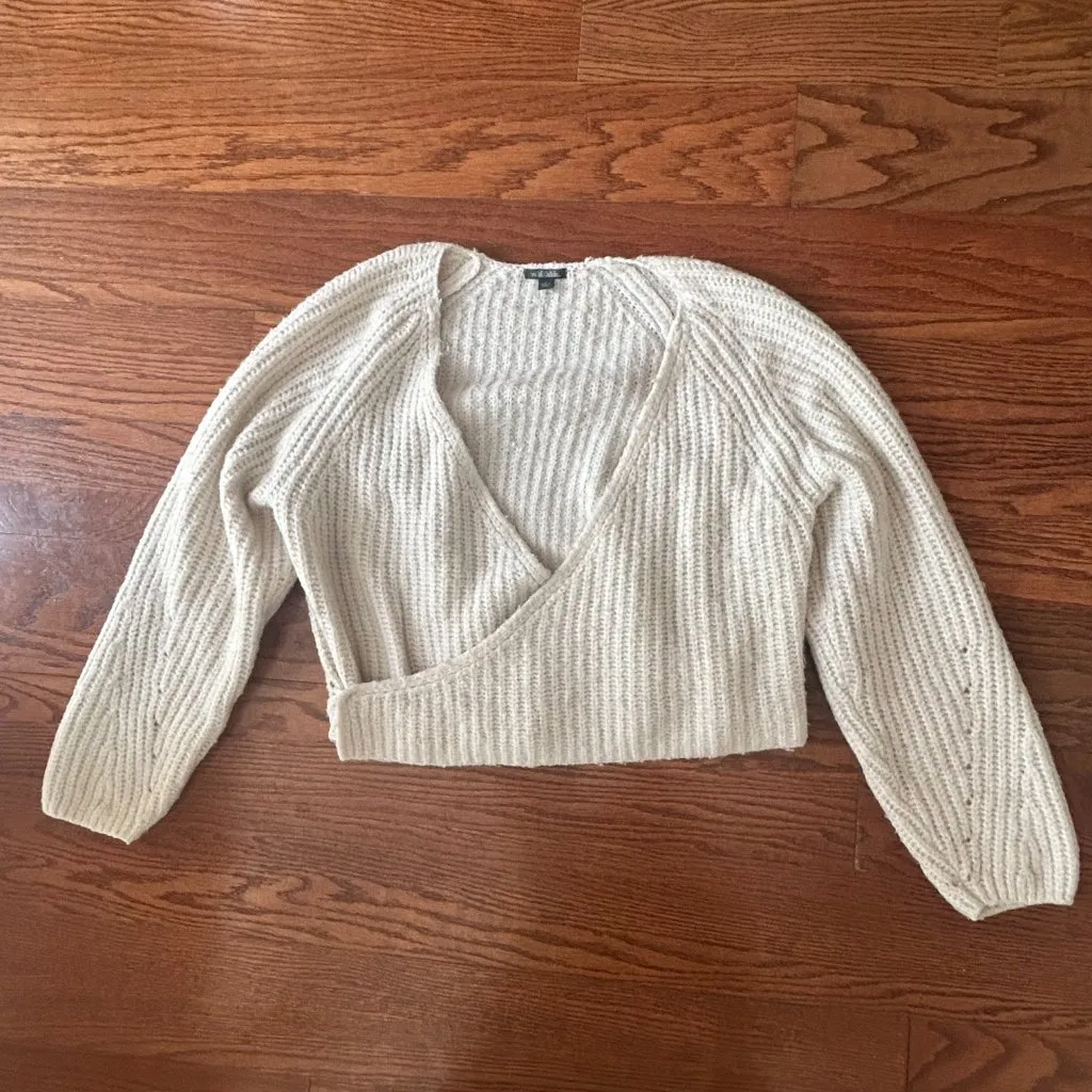 Wild Fable Wrap Sweater Pointelle Sleeves V Neck Ivory Size Small Chunky Knit - Image 10