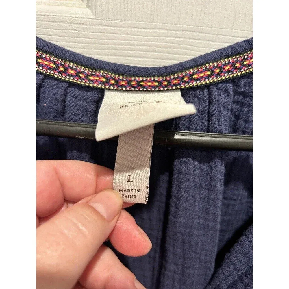 Knox Rose Navy Double Cotton Gauze Short Sleeve V-Neck Tassel Romper‎ Size Large - Image 5