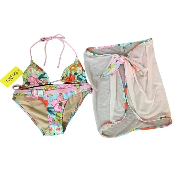 Pan Dulce Size 7/8 Vintage Bright Floral Bikini Set & Matching Sarong New Pink - Image 2