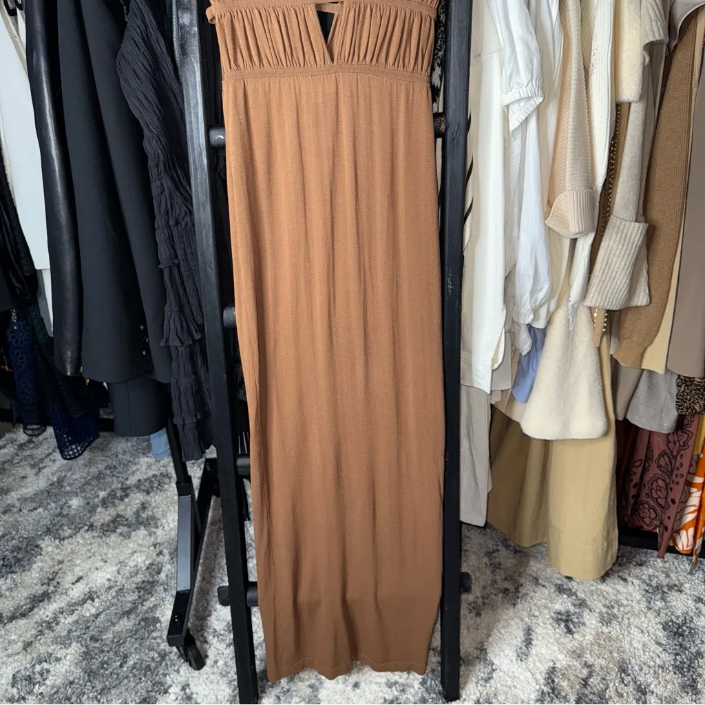 Ronny Kobo Charlie Dress Driftwood Brown Ruched Cutout Jersey Maxi - Image 6