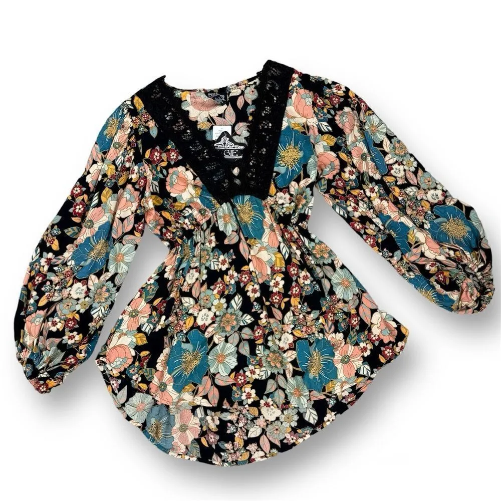 Angie Boho Floral Lace Trim Neck Tunic Blouse Black Multi Medium - Image 12